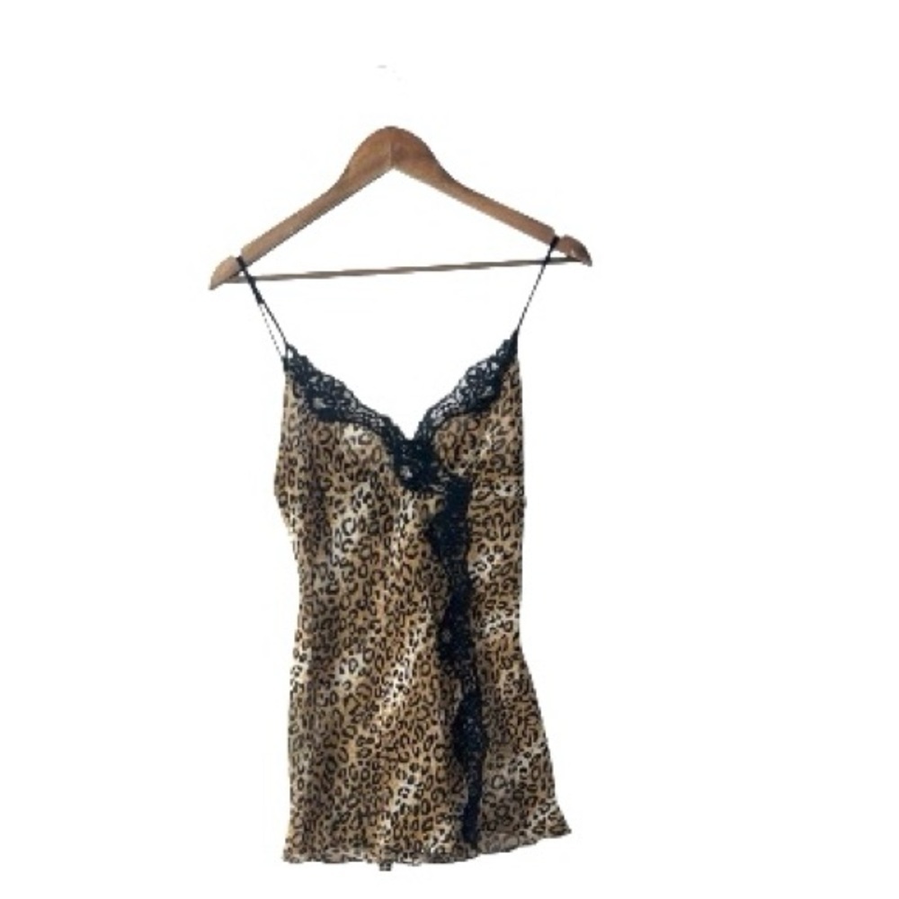 Vintage Y2K Leopard Print Tank Chemise Cami Lace Sweet Babydoll 2000s Medium
